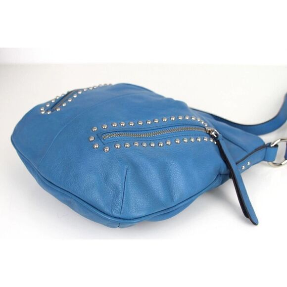 B.Makowsky BLUE GENUINE LEATHER STUDDED ZIP POCKET CROSSBODY SHOULDER BAG PURSE - Picture 9 of 16